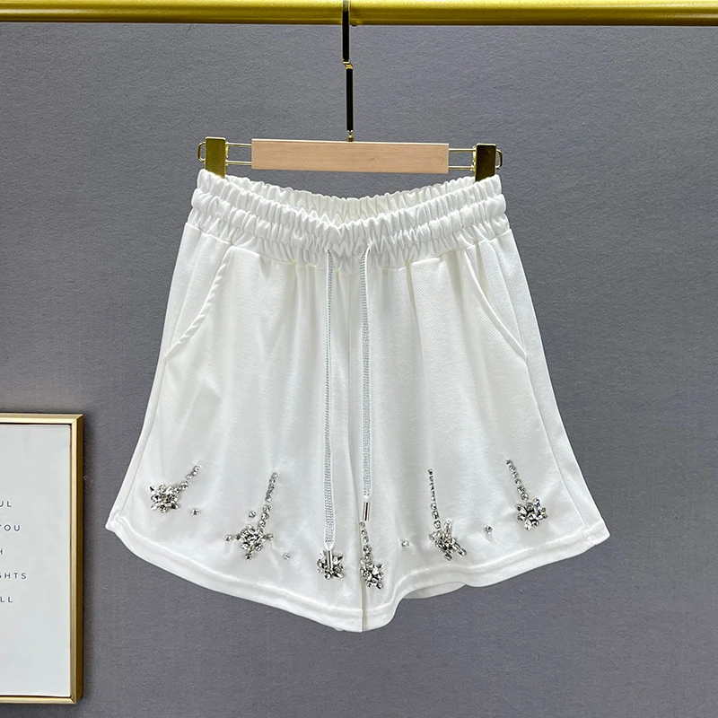 Diamond-Embedded Wide-Leg Shorts Women's Fashionable 2023 New Summer Lace-up High Waist Loose and Slimming Casual Hot Pants