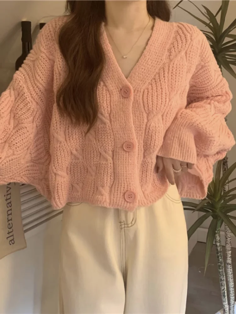 

Y2k Aesthetic V Neck Soft Women Sweaters Grunge Twist Fashion 2023 Cropped Cardigan Solid All Match Long Sleeve Knitted Cardigan