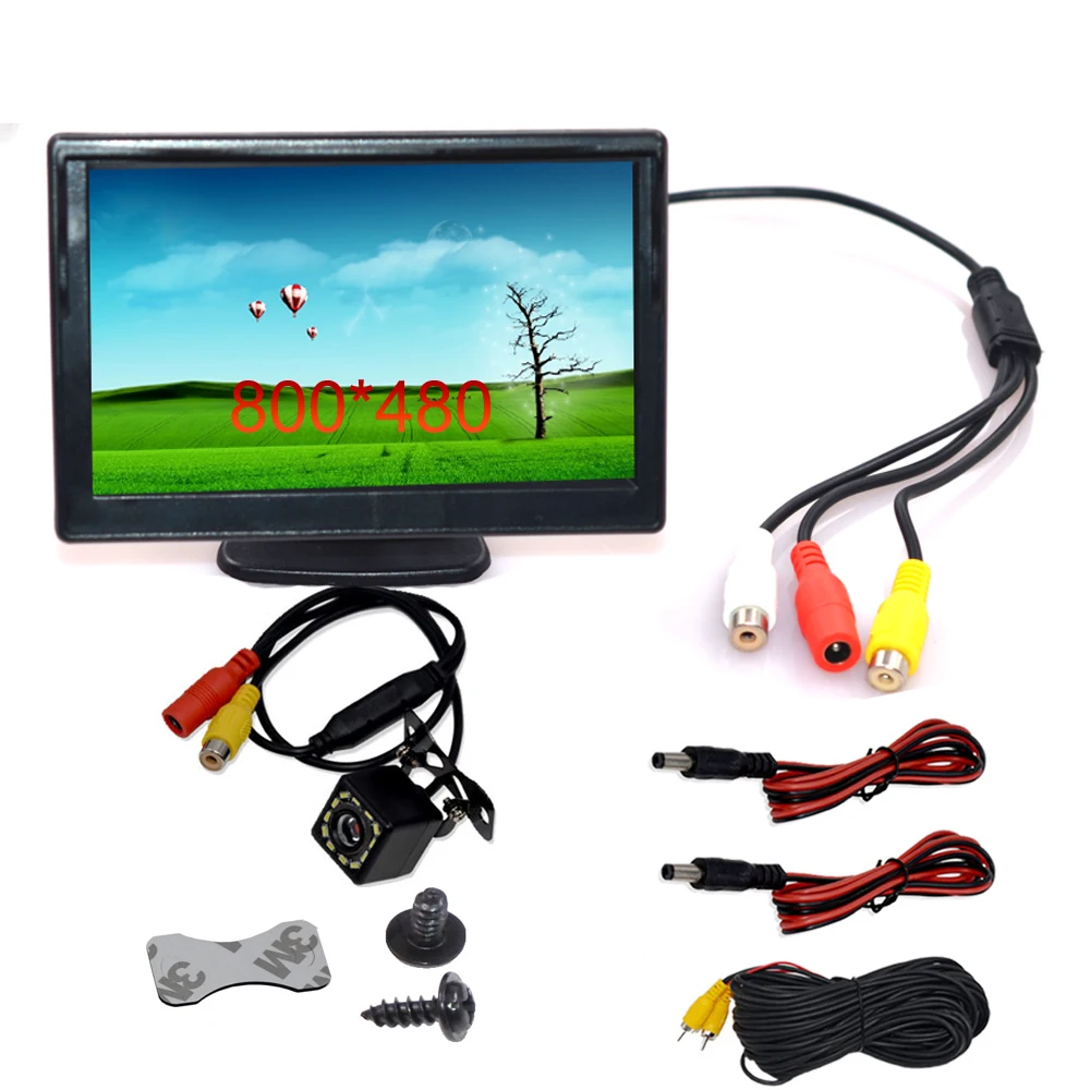 5 Inch Car Monitor TFT LCD Digital 800*480 16:9 Screen 2 Way Video Input or Wireless Reverse Rear View Camera Parking
