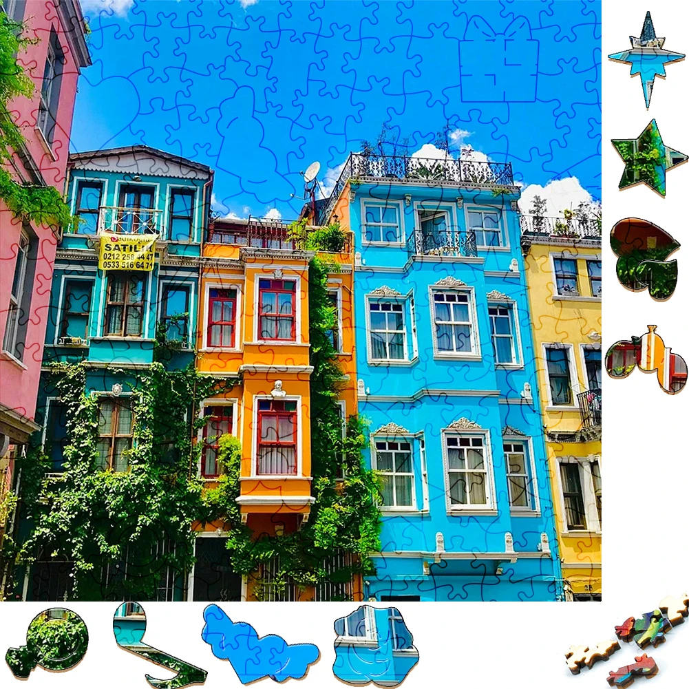 Colorful Wooden Jigsaw Puzzles Mysterious Tricolor House 3D Wood Puzzle Craft Irregular Interactive Puzzle Toy For Adults Gift