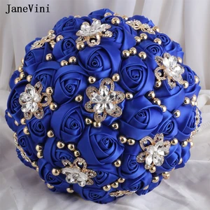 JaneVini 21cm Bride Bouquet Royal Blue Flowers Luxury Rhinestone Crystal Navy Bridal Wedding Bouquet Accesorios Para Bodas Novia