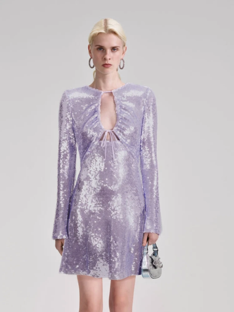 

Sexy O Neck Flared Sleeve Sequin Mini Dress Women Violet Sequins Long Sleeve Hollow Out Lace-up A-line Mini Dress Party Evening