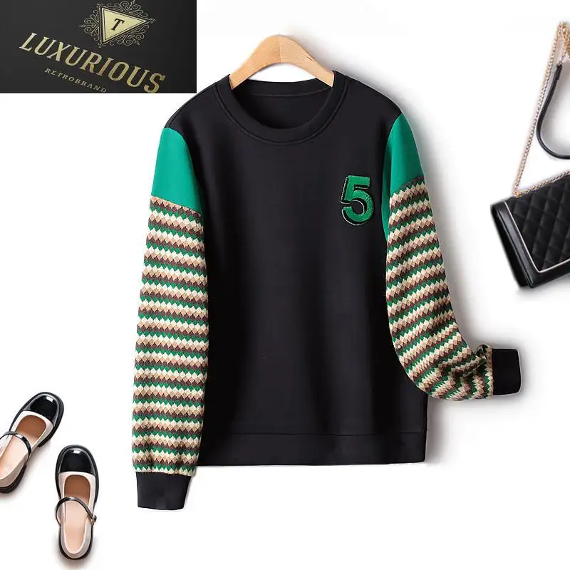 

Winter Sweatshirts Women Sweet Raglan Striped Sleeve Casual Round Neck Full Sweater 2024 Autumn Straight Fashion Tops 4XL