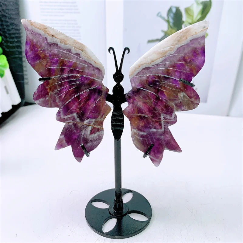 Natural Dream Amethyst Butterfly Wings Crystal, Hand Carved, Polished Statue, Healing Energy Gemstone Crafts with Stand, 1Pair