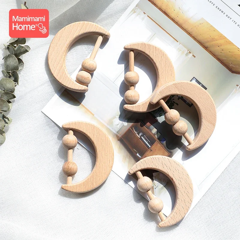 Beech Baby Teether Toys Bear Hand Teething Baby Rattles Wood Ring Cartoon Car Play Gym Montessori Stroller Toy Educational Toys