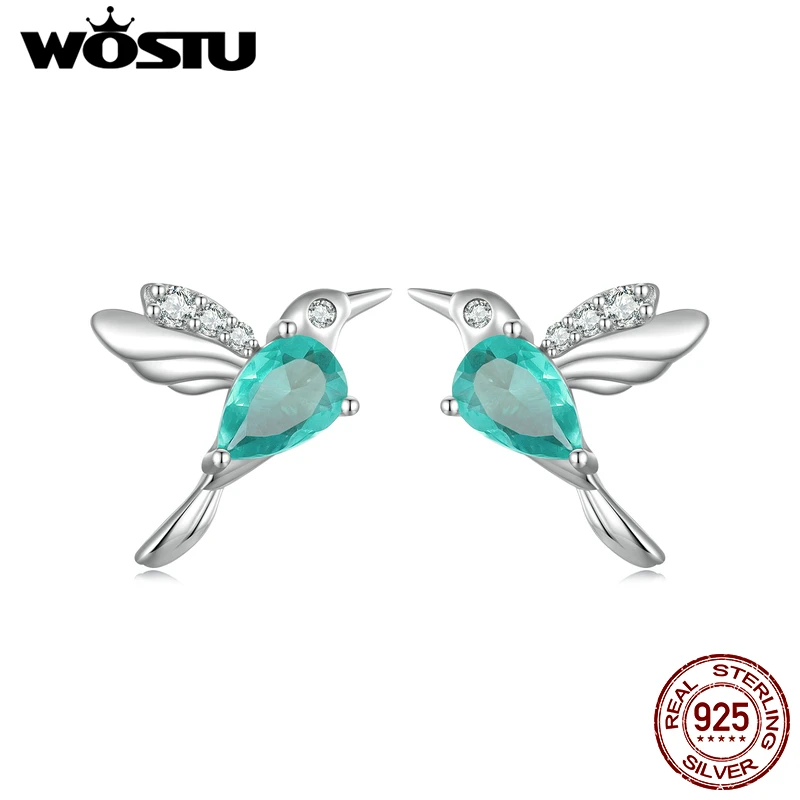 

WOSTU 100% 925 Sterling Silver Hummingbird Earrings with Glass&Zircon Animal Ear Studs for Women Fine Jewelry Spring Daily Gift