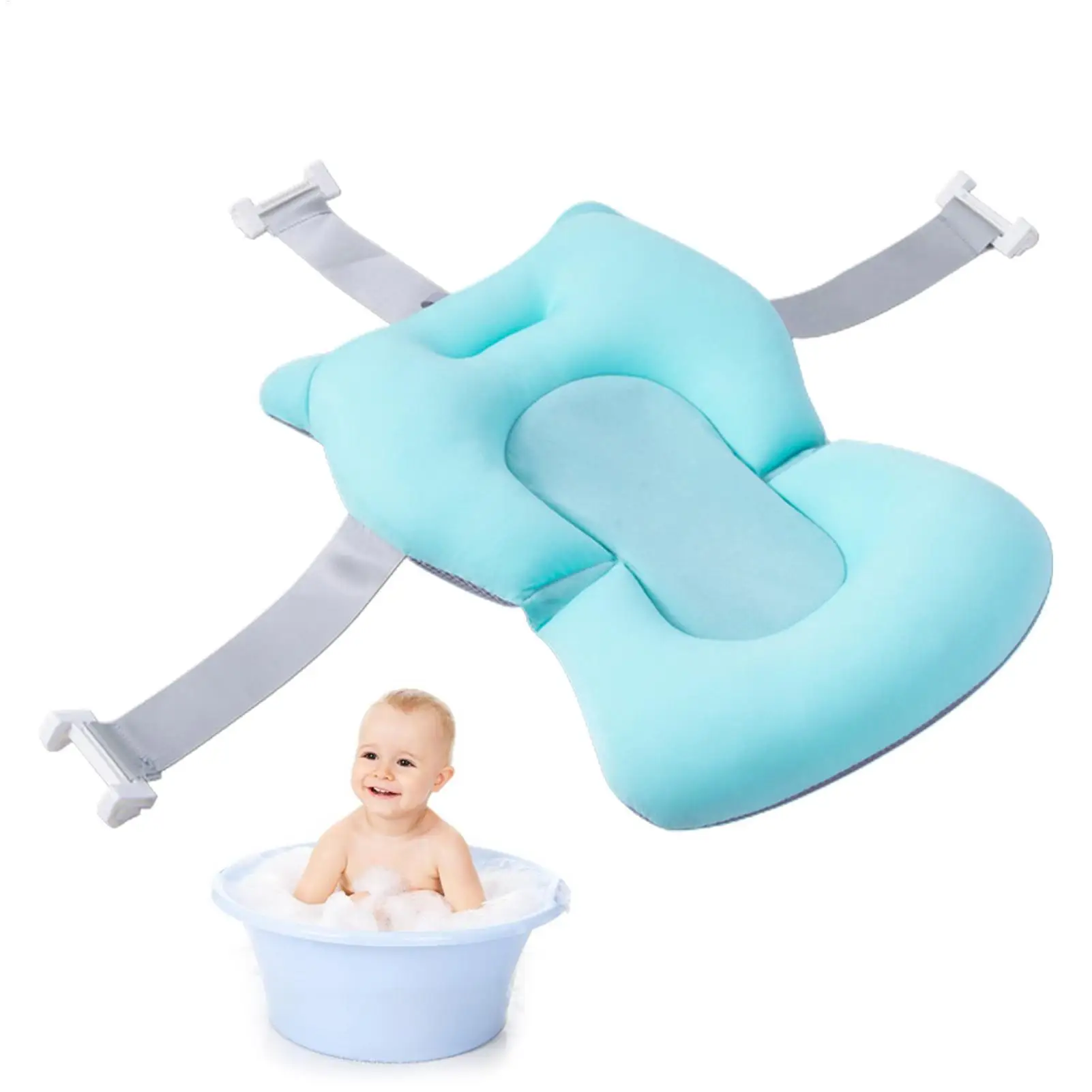 Newborn bath cushion with adjustable buckles and three safety features for secure bathing.
