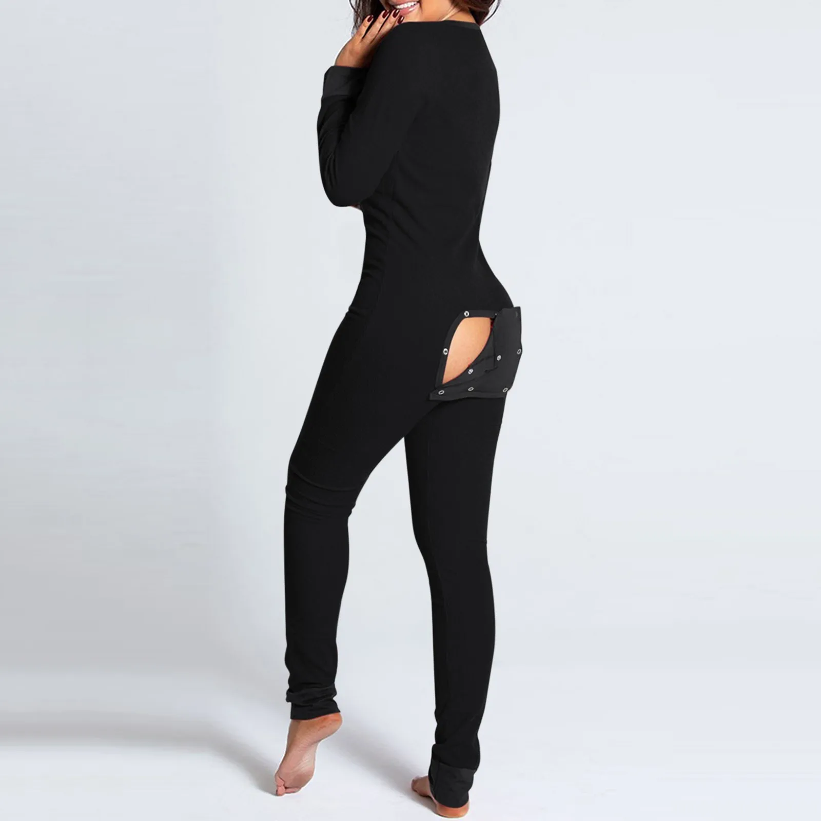 

Women Sexy Pajamas Onesies Button-Down Front Functional Buttoned Flap Adults Pyjama V-Neck Long Sleeve Jumpsuit Female Sleepwear