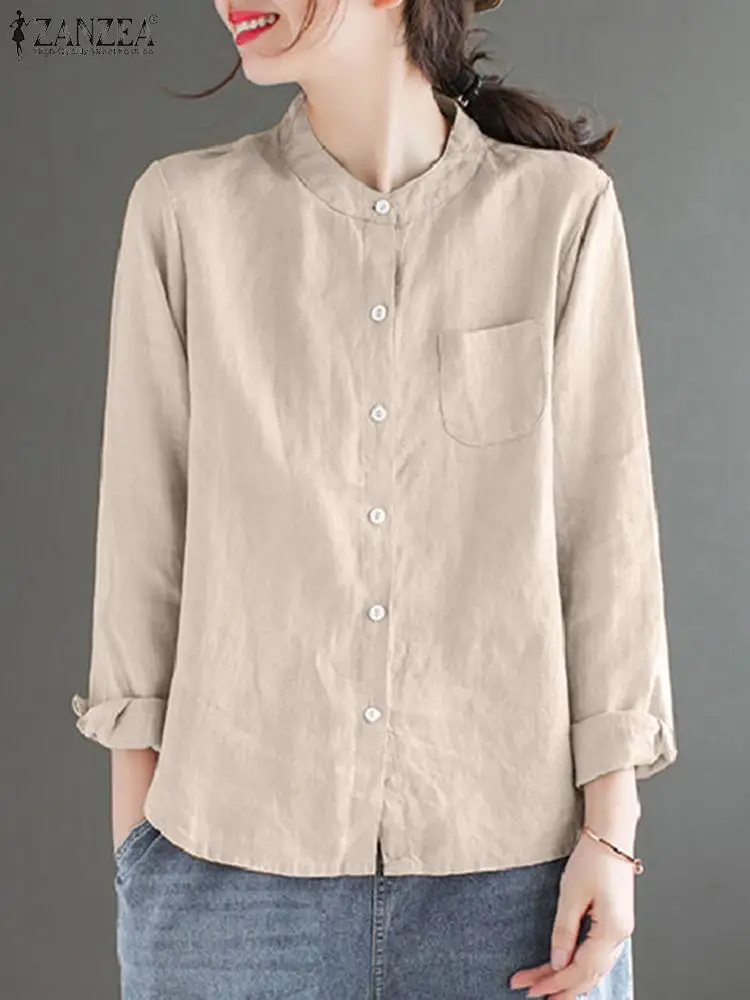 

Осенние элегантные рубашки ZANZEA, винтажная однотонная хлопковая блузка, женские топы с круглым вырезом и длинным рукавом, блузы на пуговицах, Женская Повседневная Свободная рубашка