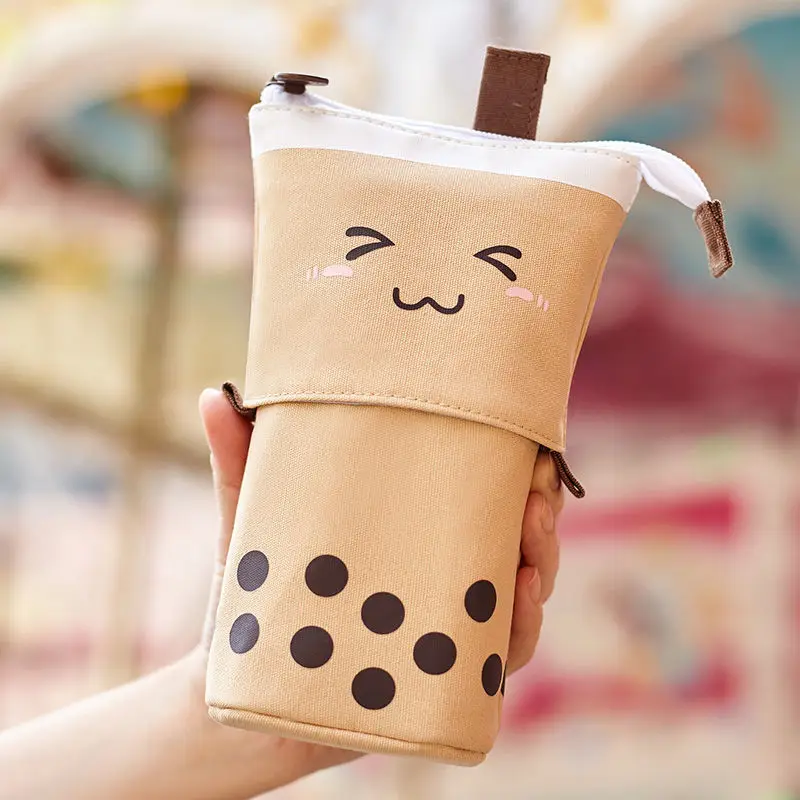 Kawaii Stationery Pearl Milk Tea Pencil Case Canvas Stand Up Pop Up Pencil Box Cute Pouch Makeup Pen Bag School Supplies pencil cases stationery box pen storage bag