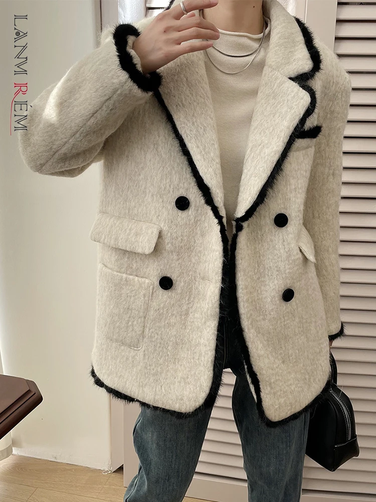 

[LANMREM] Spliced Contrast Color Wool Blazers For Women Double Breasted Thick Warm Jackets Fashion 2023 Winter New 26D7557