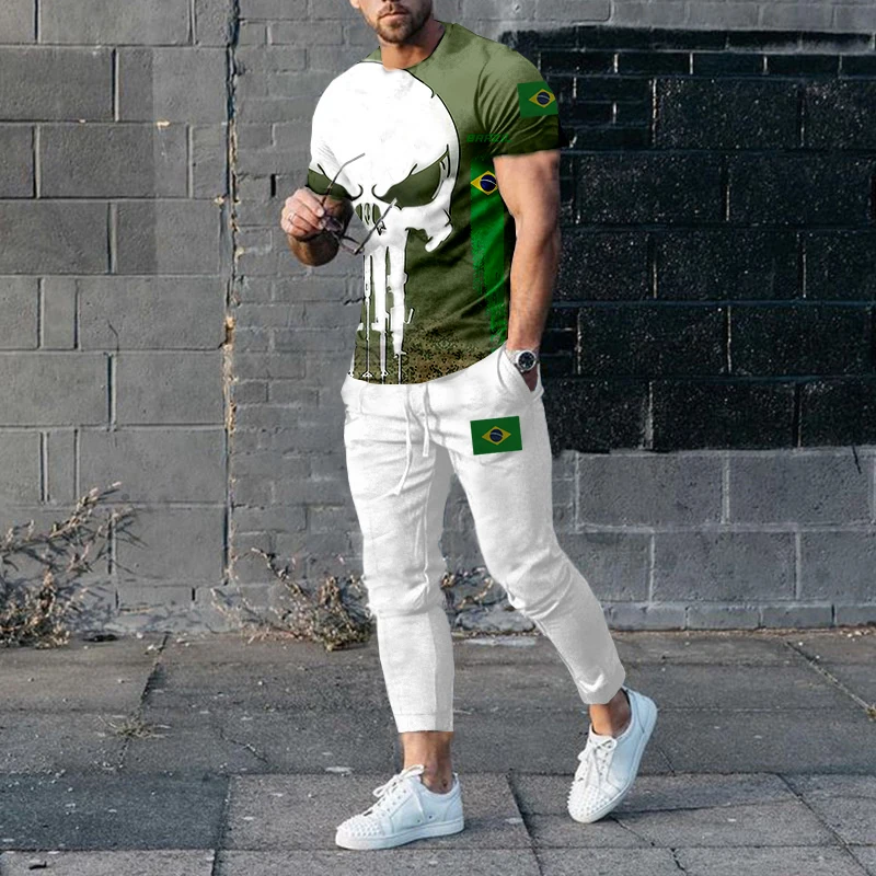 Brazil T Shirt Trousers Sports Suit Men Summer Fashion Tracksuits 2 Piece Sets 3D Printed Man Clothing Short Sleeve Casual Pants