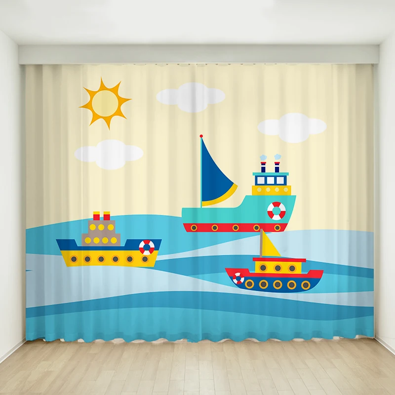 

Cartoon Boat Beach Sea Cloth Thin Curtains for Living Room Bedroom Home Decoration Window Curtain Drapes 65% Shading 2 Panels