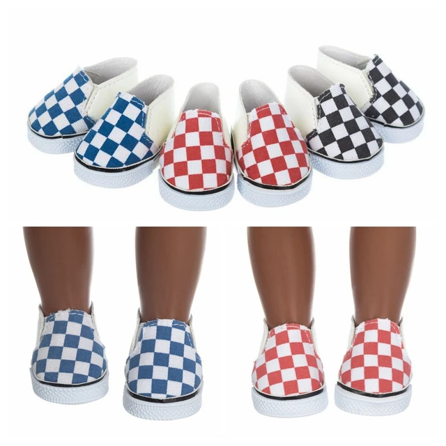 The Perfect Accessory for Your Dolls: Black Blue Red White Grid Pattern Shoes