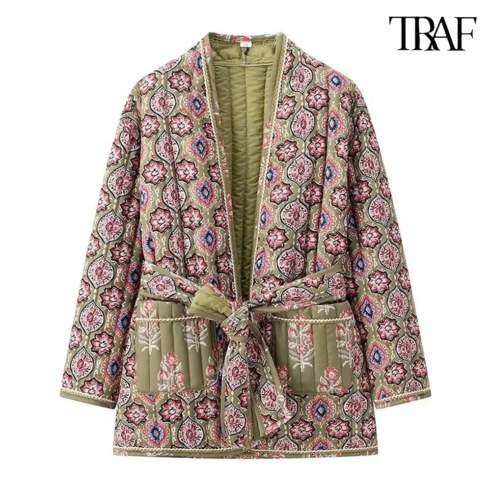 Description Picture 5 of itemTRAF Women Fashion Ethnic Floral Floral Articulated Belt Jacket Big Pockets Cardigan Cozy Jacket Street Casual Commuter Jacket