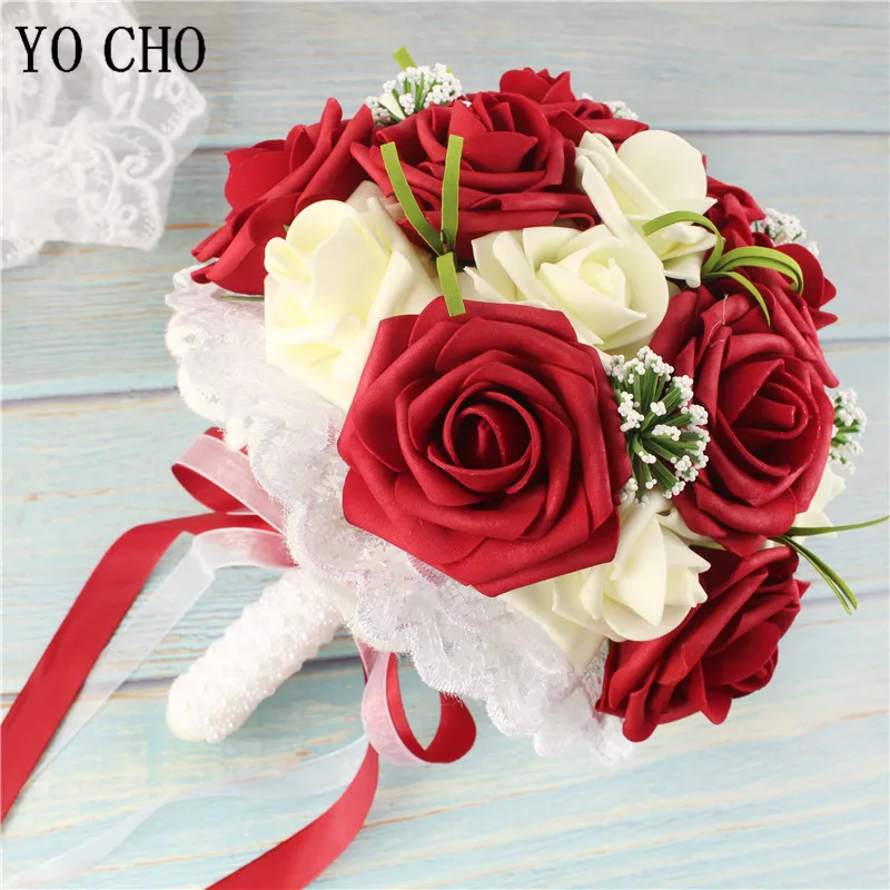 YO CHO Bride Holding Flowers Romantic Wedding Colorful Bride 's Bouquet White Red Pink Champange Bridal Bouquets Artificial Rose