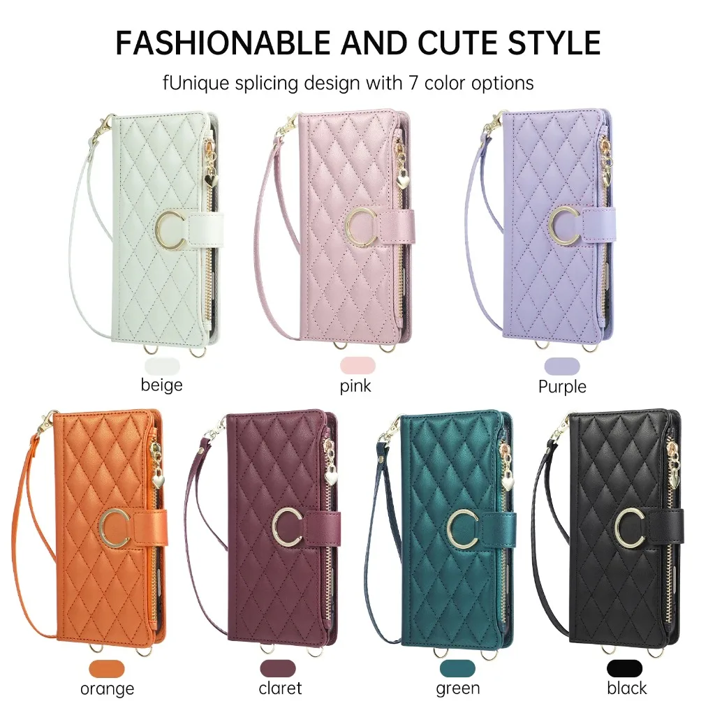 Quilted Zipper Wallet Phone Case with Crossbody Strap and Card Holder