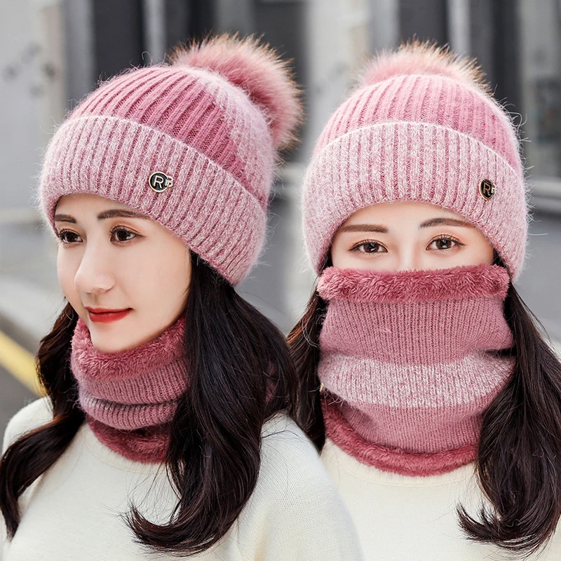 2PCS/Set Fashion Women Winter Warm Beanies Hat Scarf Set Knitted Thick Plush Windproof Outdoor Ski Cycling Warm Scarf Cap Bonnet