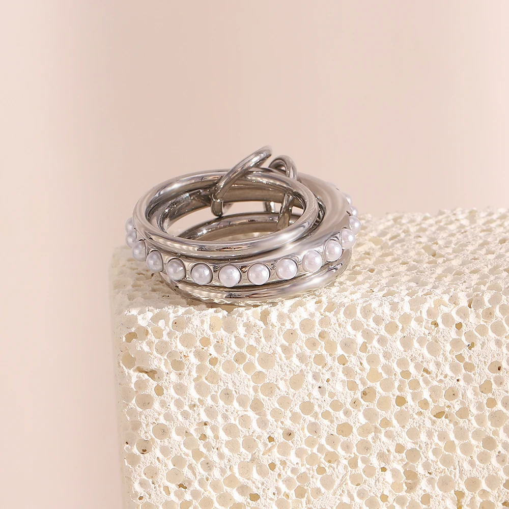 E.B.belle Neuer eleganter Stil für Damen, drei Schichten, Imitationsperlen-Ring, wasserdicht, 18 Karat vergoldet, 316L-Edelstahl-Schmuck – Detail 9
