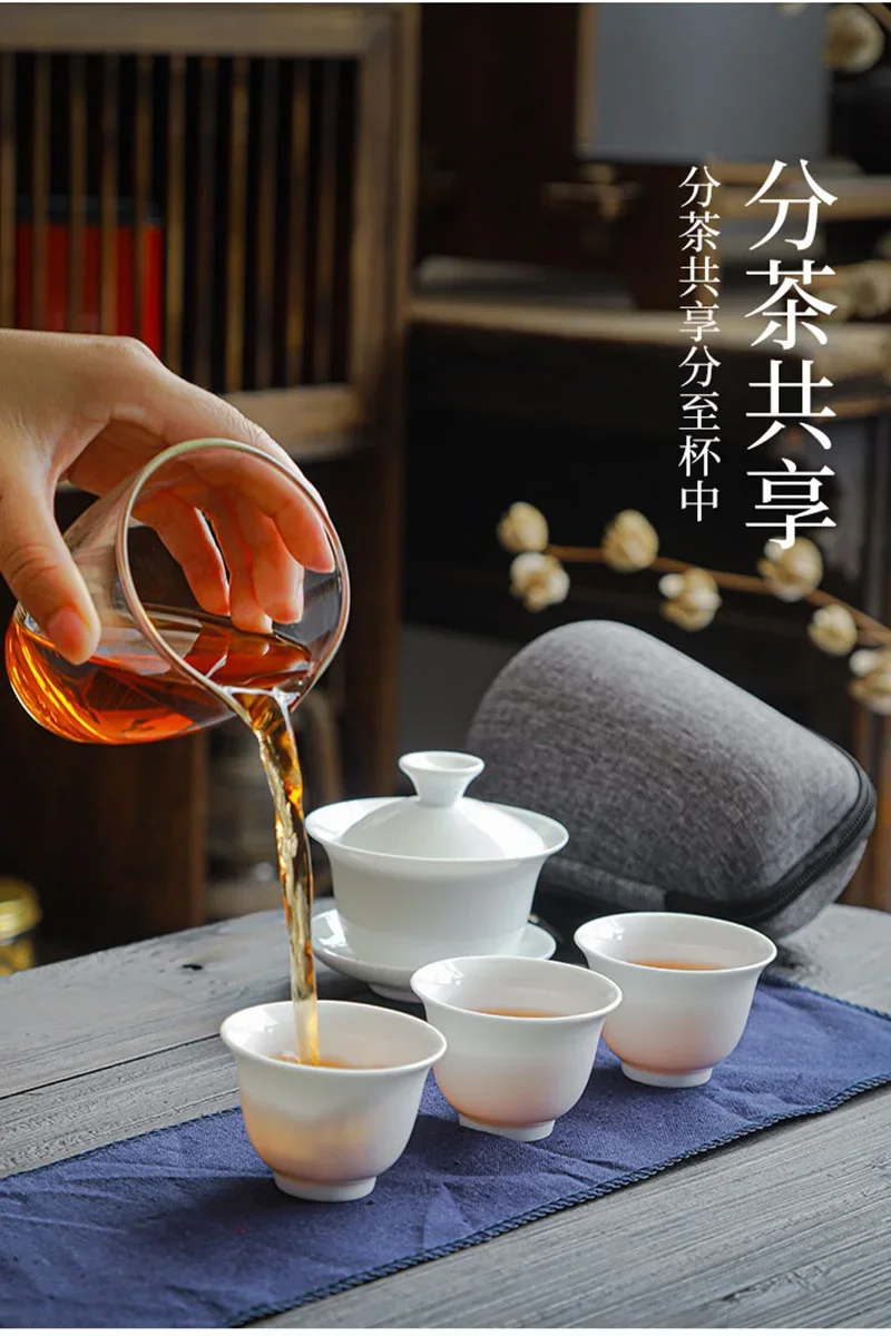Chinese White Porcelain Kung Fu Tea Set Household Simple Outdoor Portable Travel Tea Set Pot Ceramic Cover Bowl