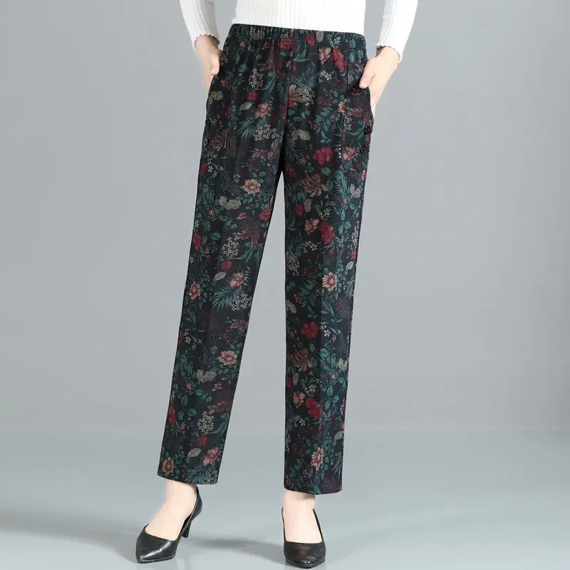 

Middle Aged Elderly Women's Spring and Autumn Loose Elastic High Waisted Printed Patchwork Pocket Button Straight Commute Pants