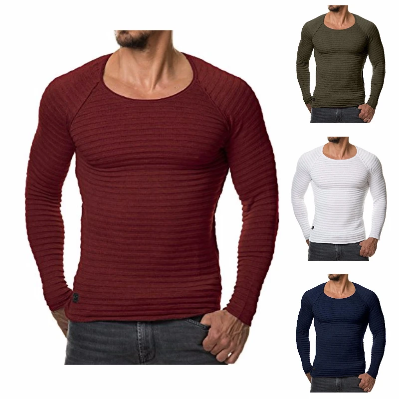 

6 Colors!2024 New Mens High Elastic Long Sleeved T-shirt Knitted StripedSolid Slim Fit Men Pullover T Shirts