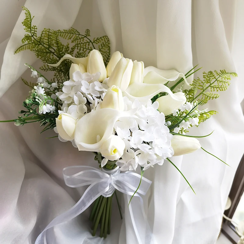 Bridal Bridesmaid Wedding Bouquet White Fake Flowers Tulip Artificial Bride Boutonniere Pins Mariage Bouquet Wedding Accessories