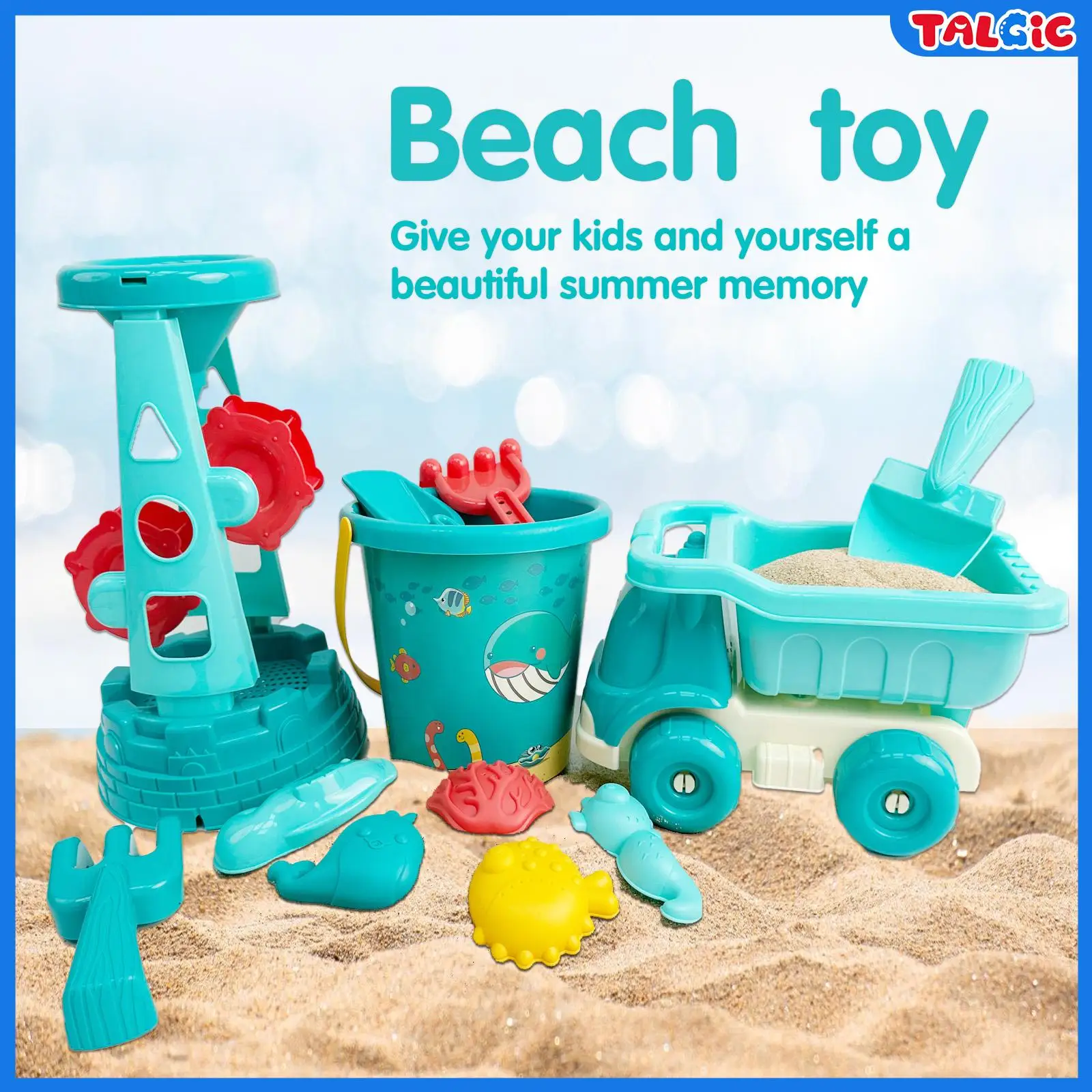 Beach Toys, Outdoor Play 12 Piece Sand Toys Set Kids Sand boxTalgic Toys Includes Water Wheel Beach Tool Kit 2