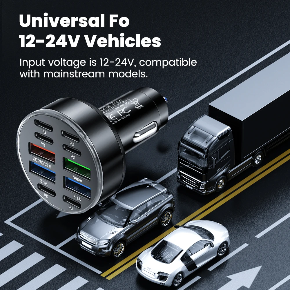 10-Port 100W Fast Charging Car Charger USB Type C Car Phone Charger Type C Adapter in for iphone Samsung Huawei Xiaomi