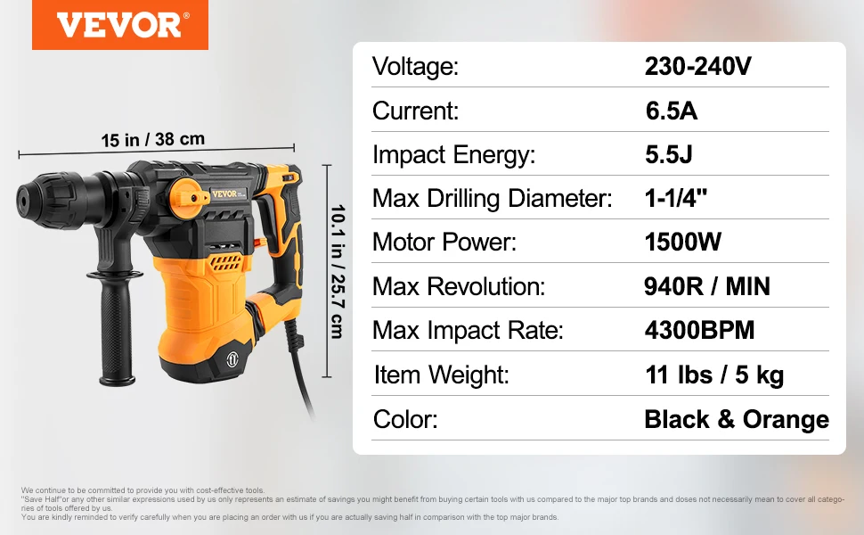 VEVOR EU CLEARANCE SALE Demolition Jack Hammer 3500W Jack Hammer Concrete  Breaker 1900 BPM Heavy Duty Electric Jack Hammer