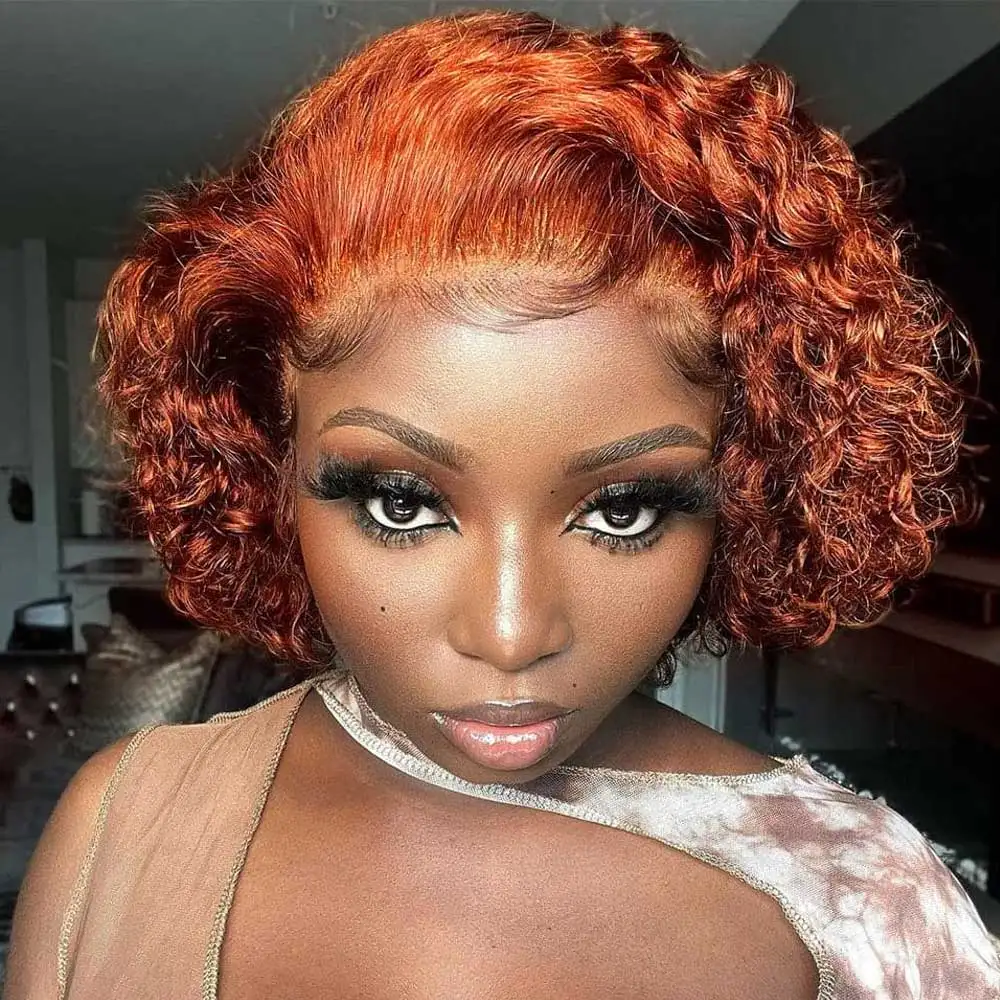 

Short Human Hair Wig Ginger Orange Pixie Cut Lace Front Human Hair Wigs Burgundy Perruque Cheveux Humain Cheap Glueless Wig ﻿
