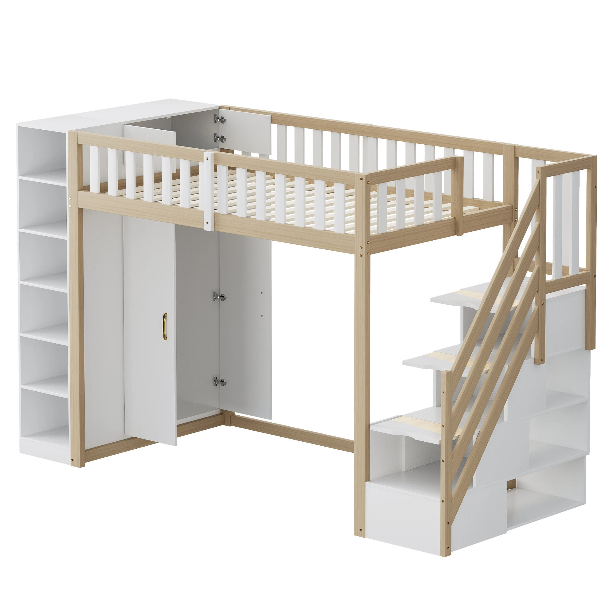 Multifunktionales Hochbett 90x200cm mit Regalen, Aufbewahrungsschrank und großem Kleiderschrank, Sicherheitsleiter mit Staufächern – Detail 12