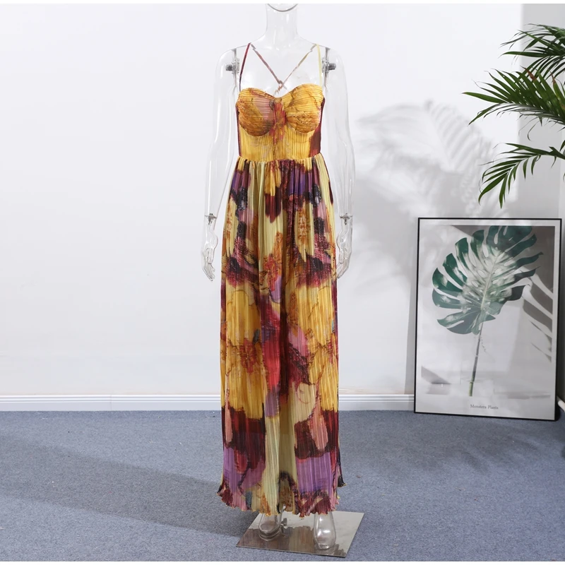 Plissee Gedruckt Trägerloses Kleid Boho Ärmel Slim Fit Off Schulter Party Kleid Roben Strand Falten Frauen Flauschigen Lange Kleider Neue – Detail 4
