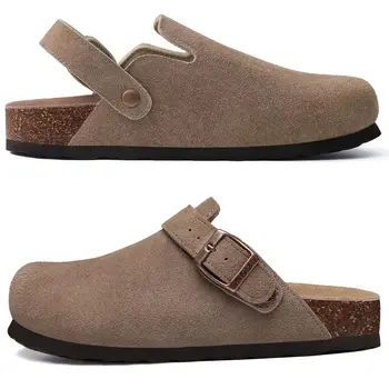 2026 Women Suede Clogs With Adjustable Buckle Cork Leather Mules Comfortable Slip on Women Slippers Outdoor Cork Clogs 1