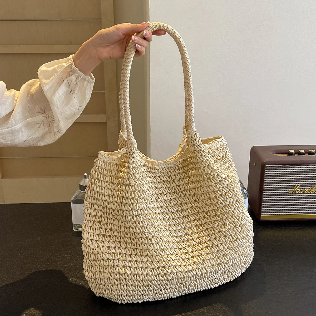 Lazy Style Woven Bag Women's Summer Seaside Vacation Beach Bag Large Capacity Shoulder Bag Straw Bag Tote Bag Work Clothing Wool Knitted Bag Work