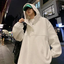 

Women's Clothing Sweater 2022 Spring Ins Loose Garment Waffle Youth Hooded Coat New Fashion Black Couples Office Pure Color