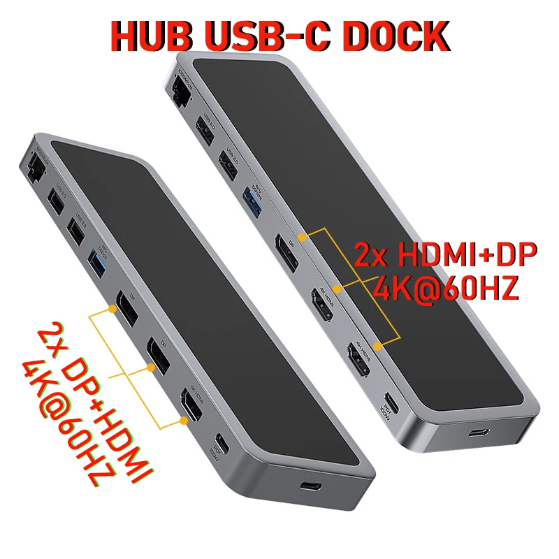 Usb c Hub Thunderbolt Dock hd tipo c Docking Station 2x Hdmi para Laptop Macbook Pro Macmini Hub Superfície Acessórios para pc 17 em pd - Imagem 3