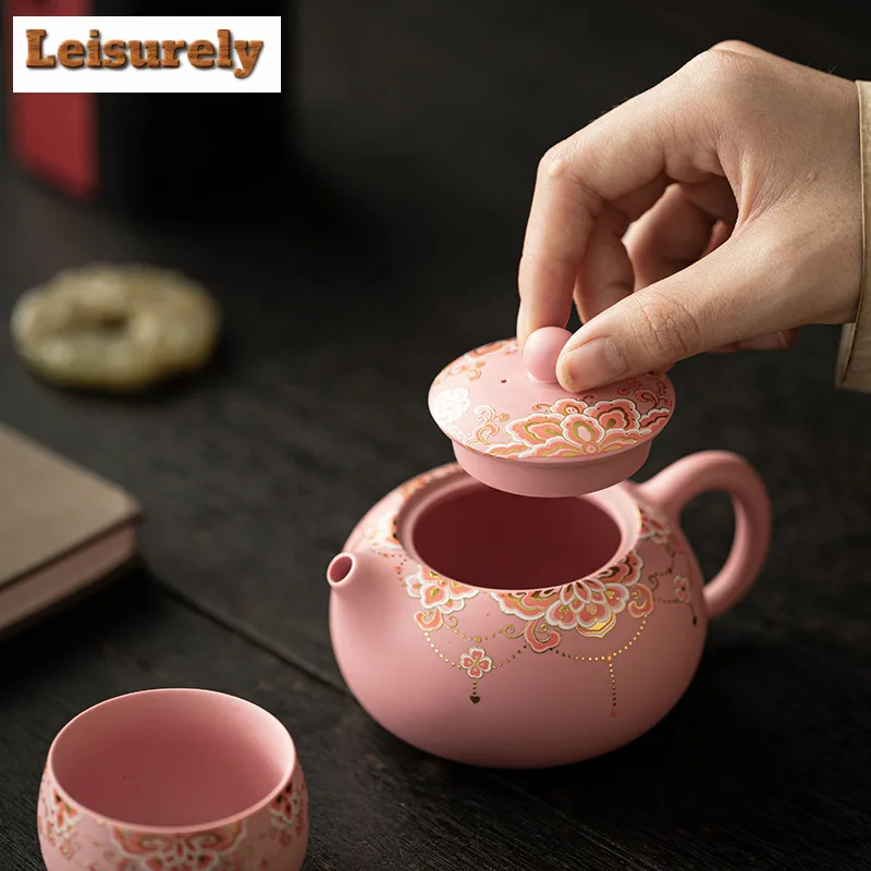 Pink Purple Clay Medallion Pattern Tea Set Complete Set Retro Tea Ceremony Set Tea Maker Teapot and Tea Cup Set Tableware Gift