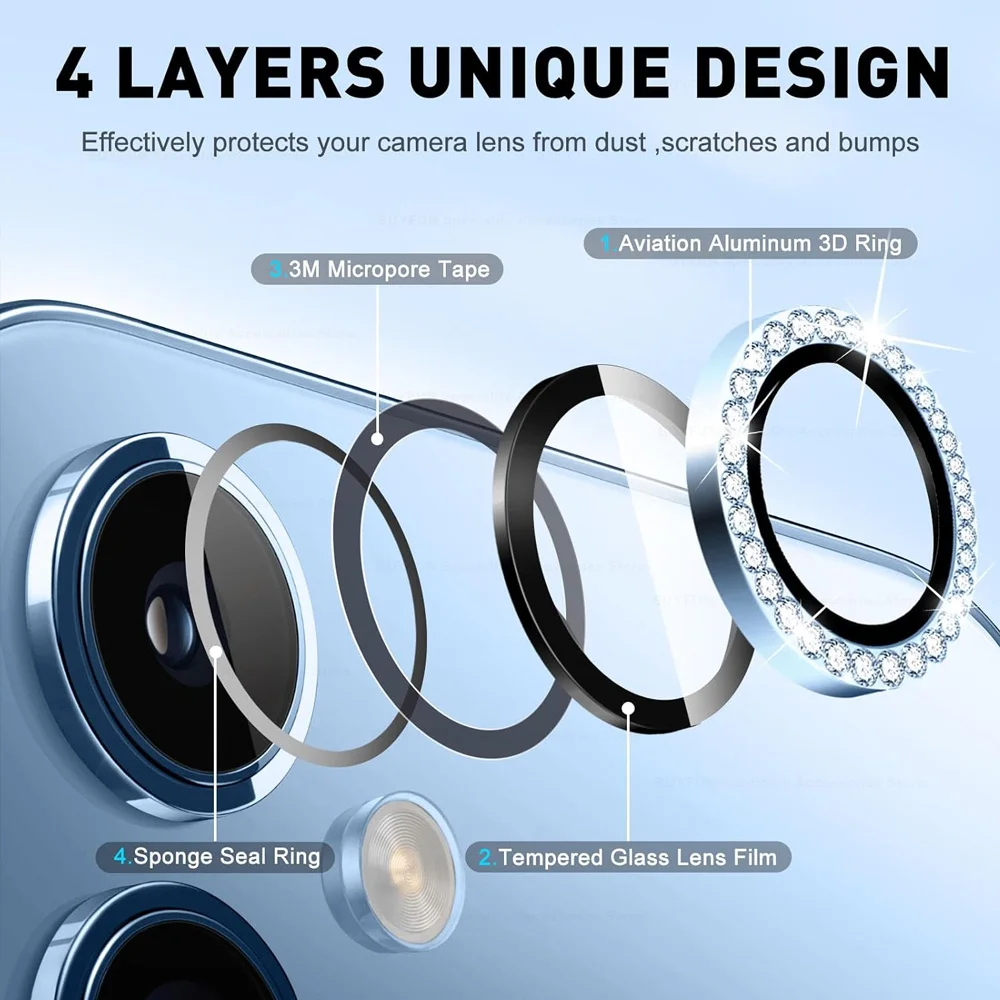 Diamond Camera Lens Protector with Shiny Tempered Glass and Alloy Metal Ring