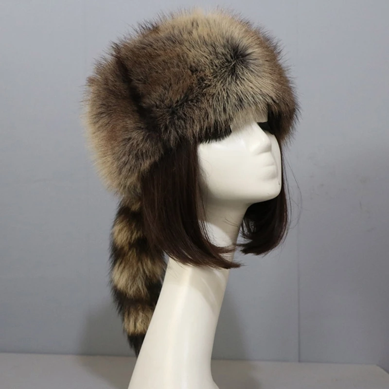 Adult Unisex Plush Flat Top Hat Russian Style Mongolian Hat with Raccoon Tail Woman Teens Casual Windproof Winter Keep Warm Cap