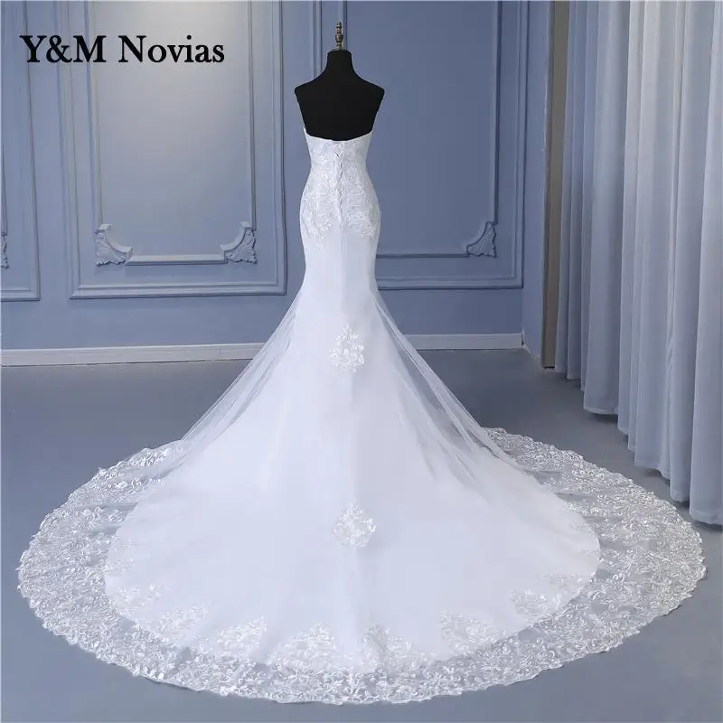 Y&M New Arabic Aso Ebi Vintage Lace Beaded Sequined Wedding Dresses Strapless Mermaid Bridal Dress Sexy Customized Wedding Gowns 2