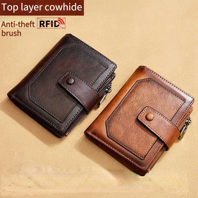 Men's wallet leather zipper multi-card slot short wallet RFID anti-theft card purse  yellow wallet  wallets for men luxury