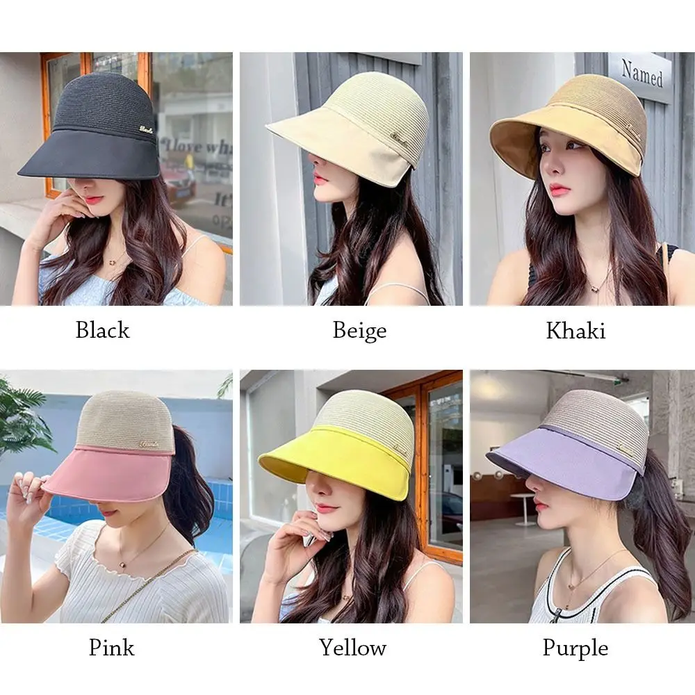 Summer Women Bucket Hat UV Protection Sun Hats Soft Foldable Wide Brim Outdoor Beach Hat Panama Cap Ponytail Cap 4