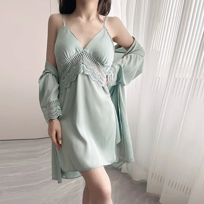 

Satin Twinset Robe Set Lady Lace Kimono Bathrobe Gown Suit Nightgown Summer Sexy Lingerie Lounge Wear Sleepwear Nighties