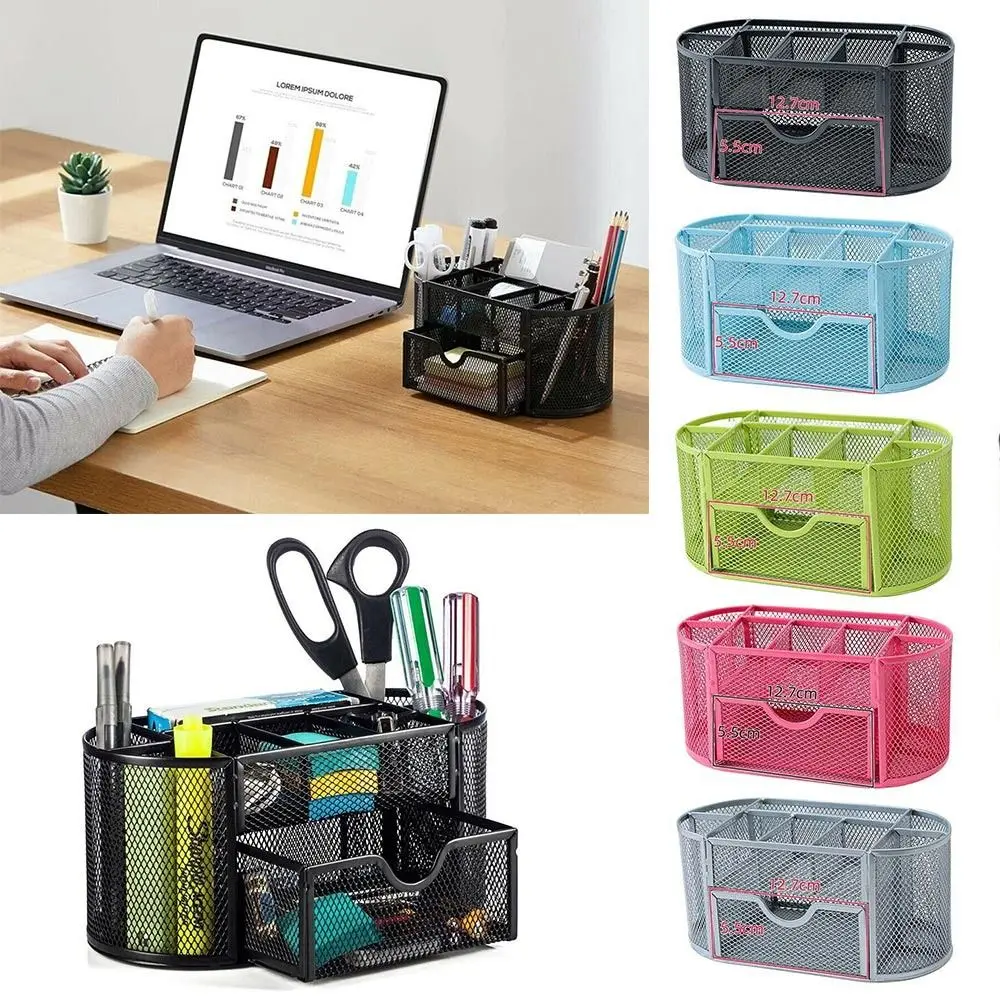

School Supplies Storage Box 9-Grid Storage Multi-Functional Desk Organizer Metal Mesh Stationery Container Pen Holder