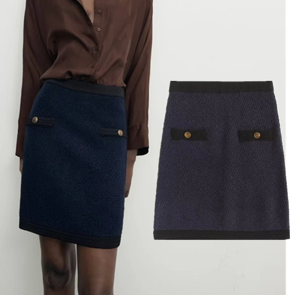 Dave&Di French Elegant Fashion Gold Button High Waist Pocket Office Ladies Straight Skirt Women