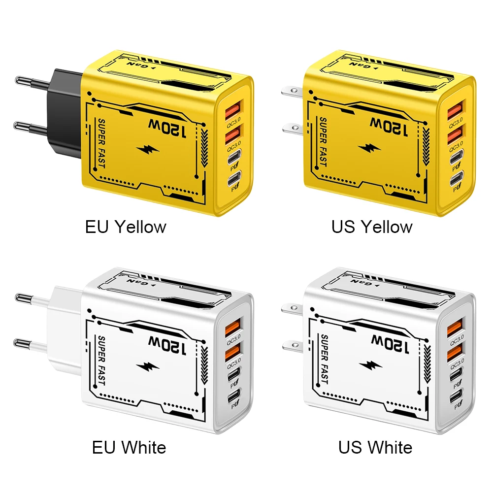120W Fast Charging 4 Ports USB C Wall Charger QC3.0 PD Type C Charger for iPhone 15 14 13 12 11 Huawei Samsung Xiaomi