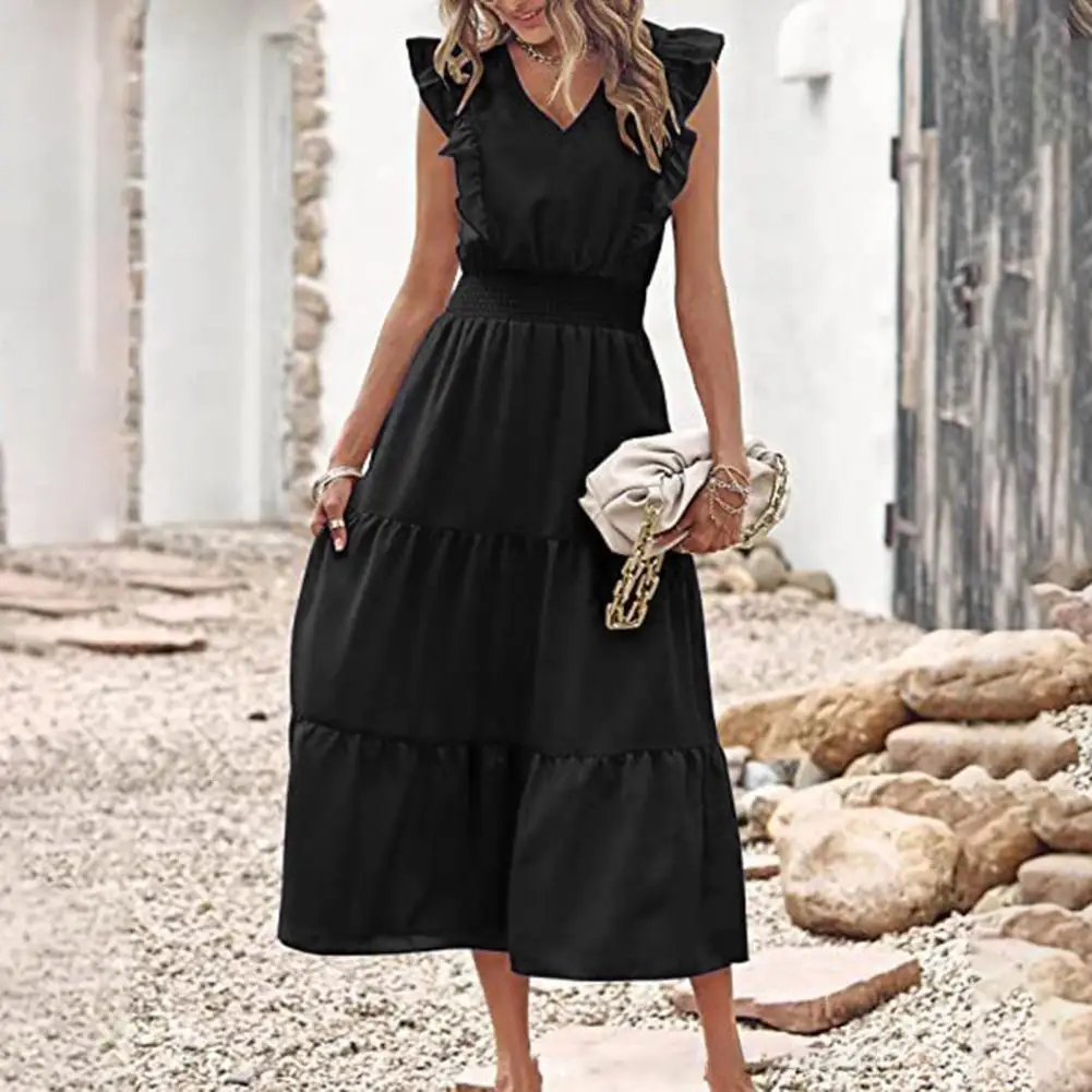 

Women Summer Dress Ruffle Flying Sleeve V Neck High Elastic Waist Pure Color Patchwork A-line Hem Big Swing Pleated Prom Commute