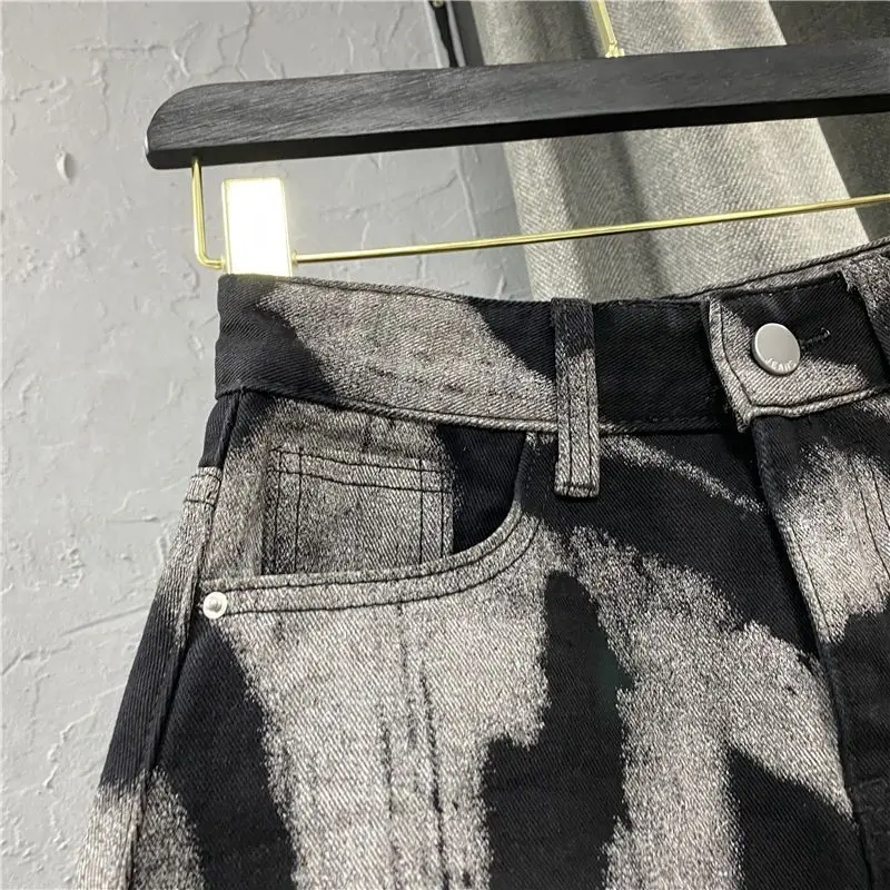 Spring and Summer New Korean Spice Girl Irregular Tie Dye High Waist Straight A-line Denim Wrap Hip Short 4