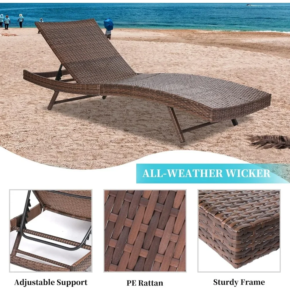 Garden chairs with removable blue cushions, pool loungers with adjustable backrests, garden reclining wicker loungers, balcony